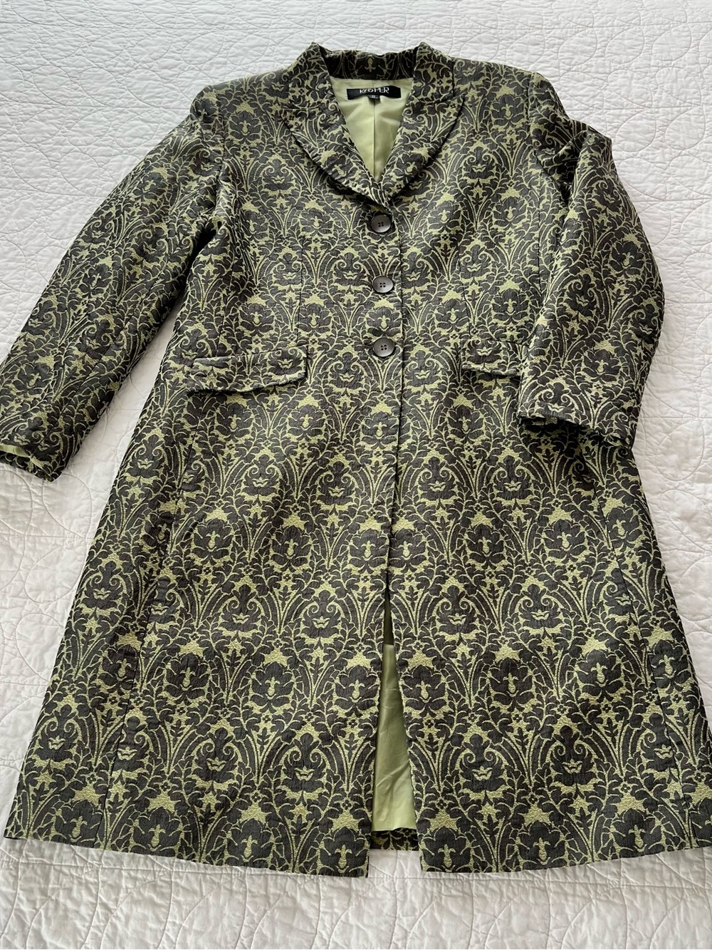 Kasper Green & Charcoal Brocade Long Blazer Dark Academia Regency Vintage Style